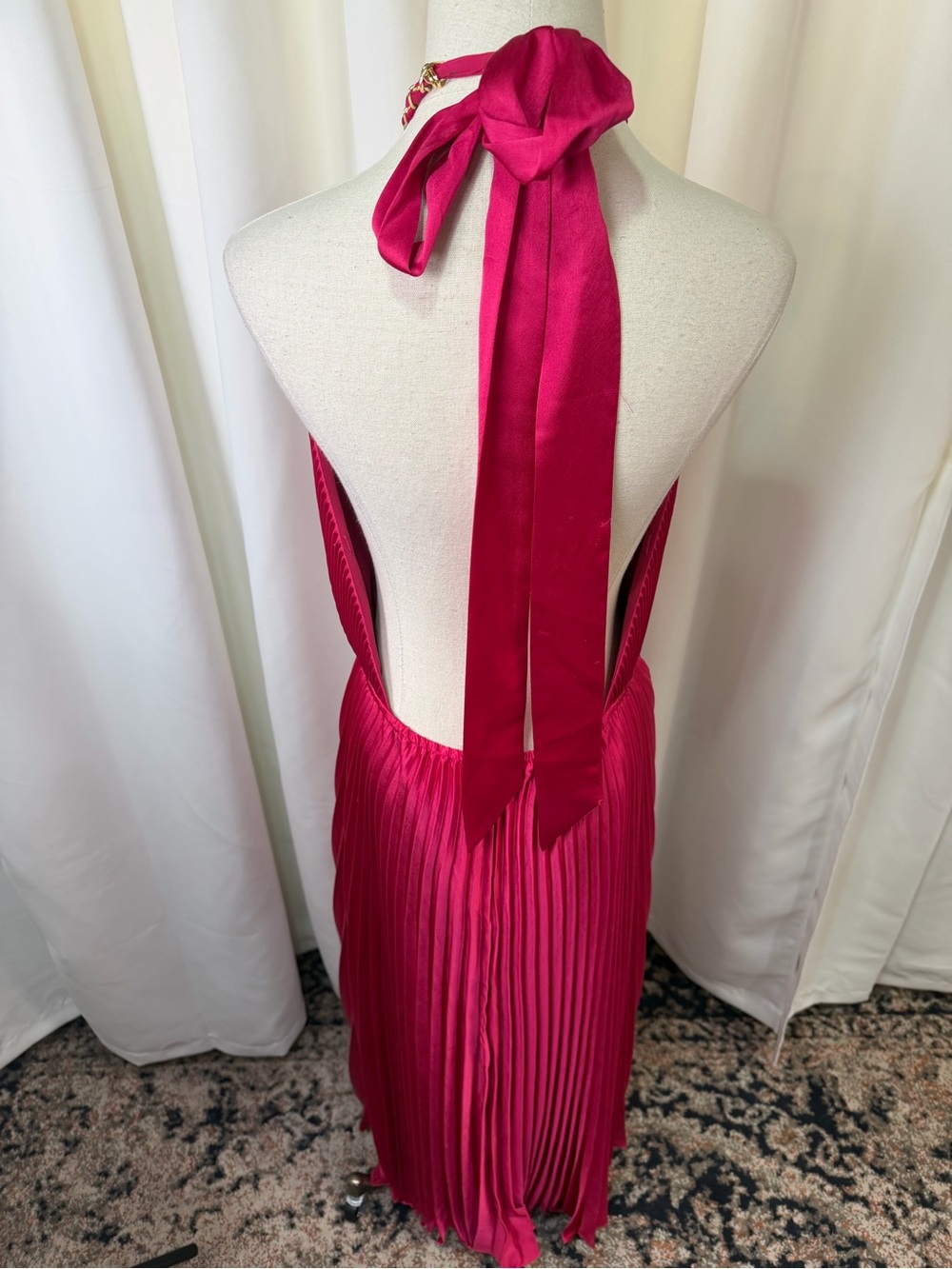 Milly ‘Kora’ Fuchsia Pink Accordion Pleated Satin Halterneck Maxi Dress Size 10 - Picture 10 of 16